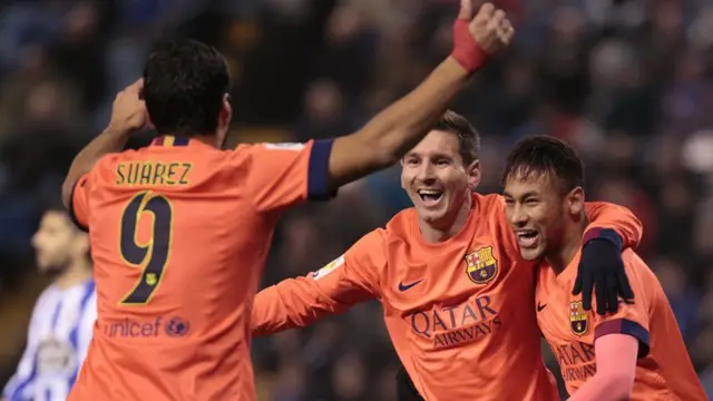 Suarez, Neymar and Messi celebrate