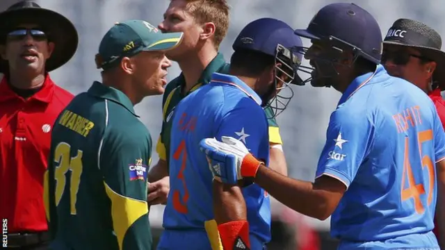 Australia batsman David Warner (left) got into a heated exchange with India batsman Rohit Sharma (right)