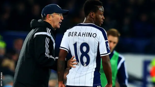 West Brom boss Tony Pulis with striker Saido Berahino