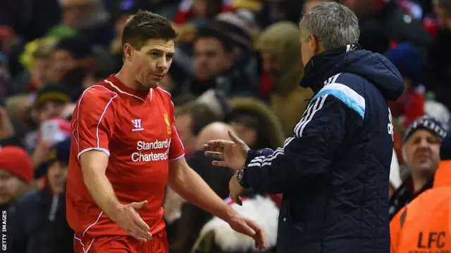 Steven Gerrard shakes Jose Mourinho's hand after being substituted