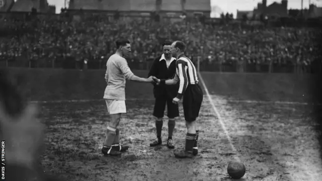 Cardiff City captain Fred Keenor shakes hands with Reading skipper ahead of the 1927 FA Cup semi-final in Wolverampton which the Welsh side won 3-0