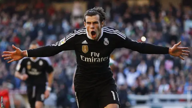 Gareth Bale celebrates his winning goal at Cordoba