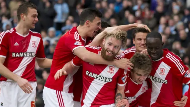 Middlesbrough players celebrate during their win at Manchester City