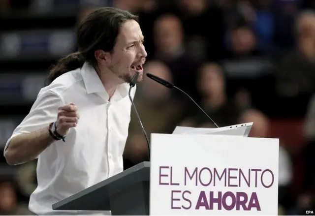 Podemos party leader Pablo Iglesias speaking in Valencia, 25 January