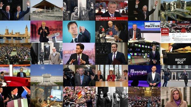 Composite images of politicians, historic election moments and BBC broadcasters