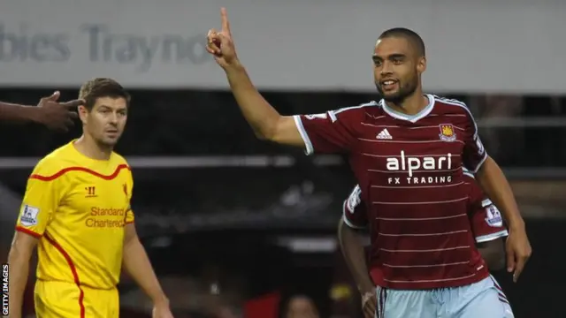 Winston Reid celebrates scoring in West ham's 3-1 win over Liverpool in September