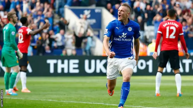 Jamie Vardy celebrates scoring against Manchester United in September