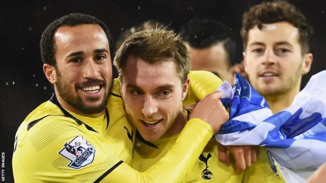 Christian Eriksen of Tottenham Hotspur celebrates with Andros Townsend (left)