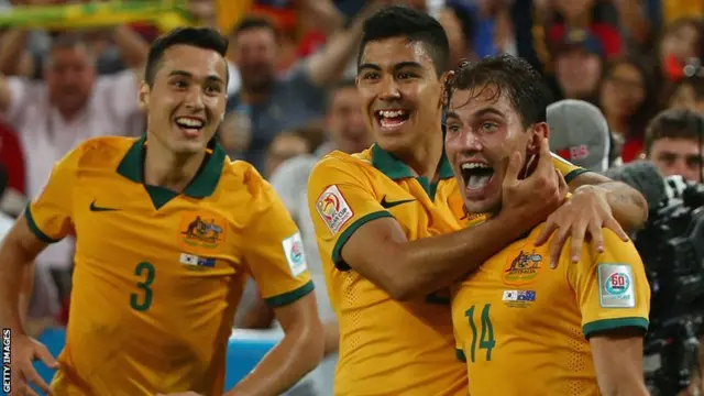 James Troisi of Australia celebrates with his team mates after scoring a goal during the 2015 Asian Cup final