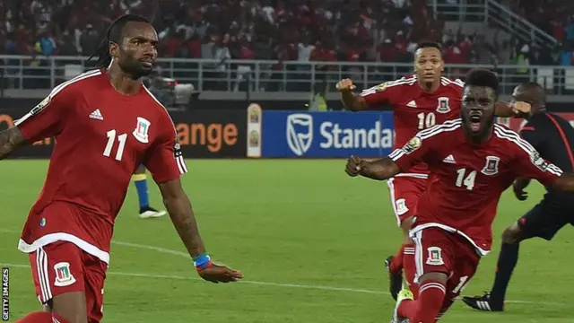 Equatorial Guinea celebrate Javier Balboa's goal against Gabon