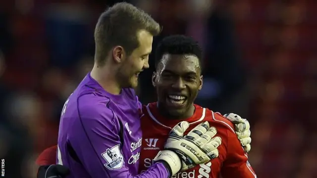 Liverpool forward Daniel Sturridge (right) and goalkeeper Simon Mignolet