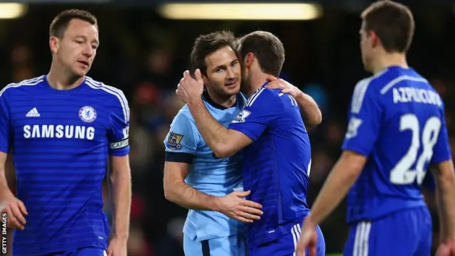 Frank Lampard of Manchester City embraces Branislav Ivanovic of Chelsea at the final whistle