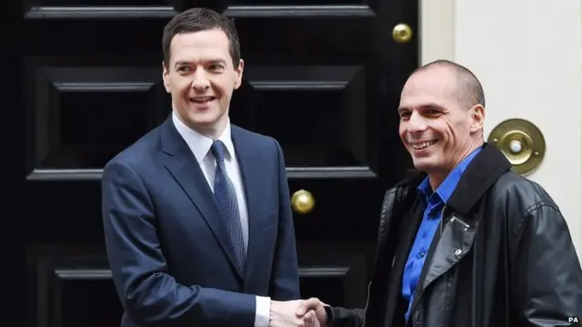 Greek Finance Minister Yanis Varoufakis greets British counterpart George Osborne