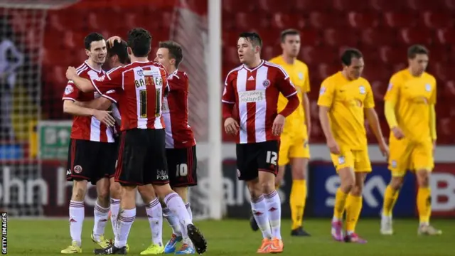 Sheffield United players celebrating Jamie Murphey's goal