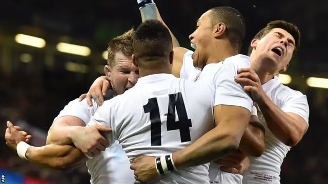 Dylan Hartley, Luther Burrell and Ben Youngs congratulate Anthony Watson