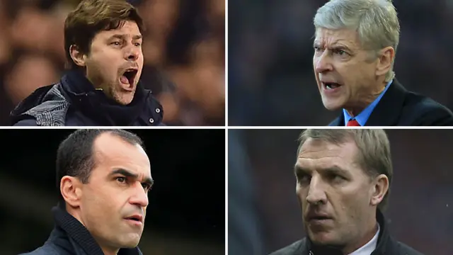 Clockwise from top left: Tottenham manager Mauricio Pochettino, Arsenal boss Arsene Wenger, Liverpool manager Brendan Rodgers and Everton boss Roberto Martinez