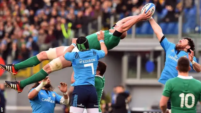 Ireland second row Paul O'Connell athletically takes a line-out