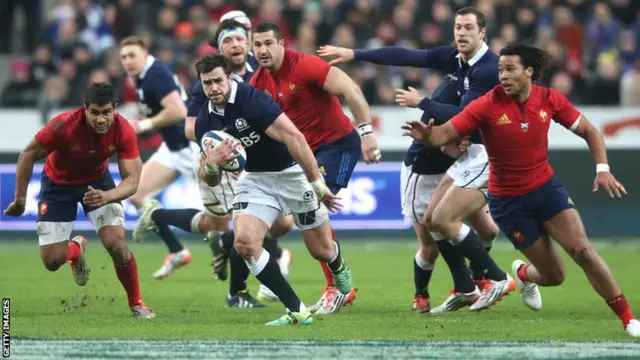 Centre Alex Dunbar on the attack for Scotland