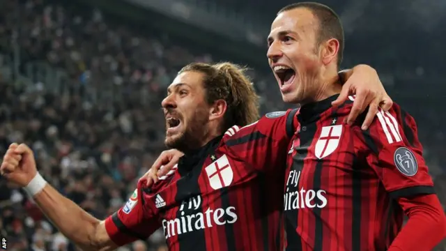 Luca Antonelli celebrates his goal for AC Milan against Juventus