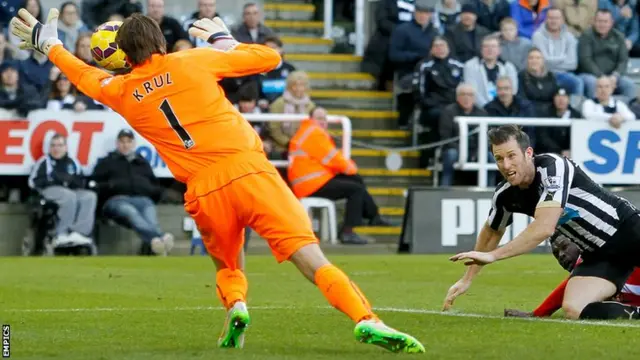 Newcastle keeper Tim Krul saves from Mame Diouf