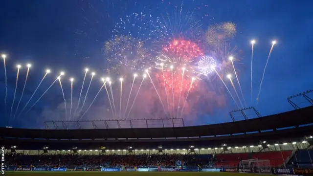 Fireworks explode during a ceremony held ahead of the 2015 African Cup of Nations final