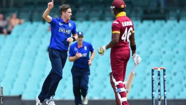 Chris Woakes celebrates a West Indies wicket in Sydney