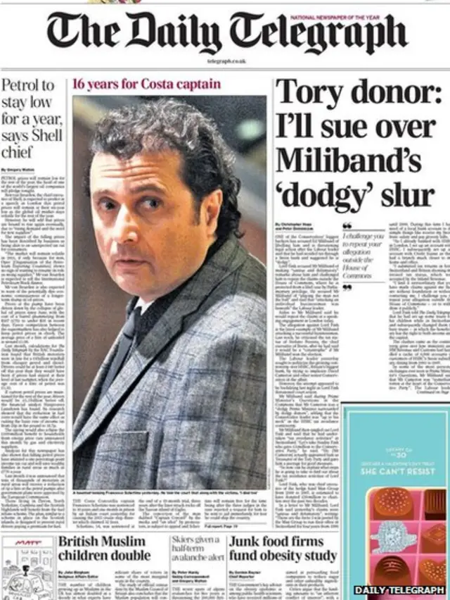 Tomorrow's Telegraph front page