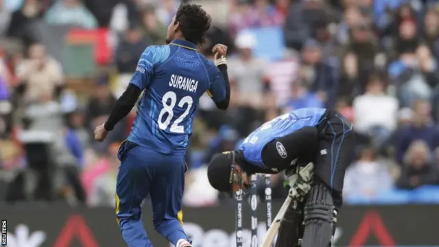 Sri Lanka's Suranga Lakmal celebrates the wicket of Martin Guptill