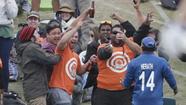 A fan celebrates a catch in the crowd