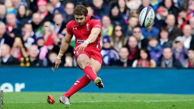 Leigh Halfpenny scores between the posts for Wales