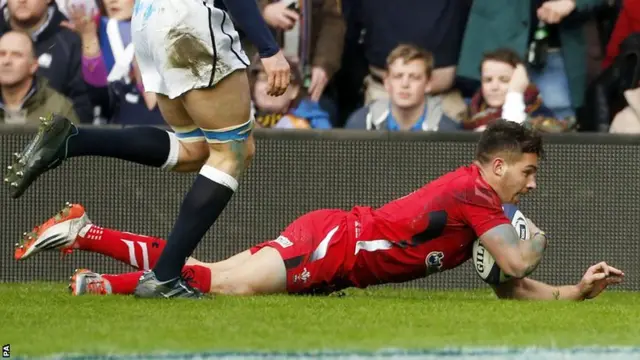 Rhys Webb goes over for Wales' first try