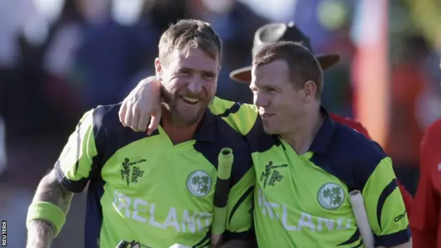 Ireland's John Mooney and Niall O'Brien celebrate their side's win over West Indies