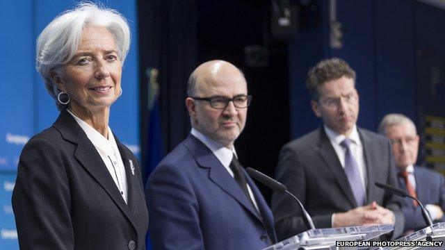 International Monetary Fund head Christine Lagarde, EU Economic and Financial Affairs, Taxation and Customs Commissioner Pierre Moscovici, Dutch Minister of Finance Jeroen Dijsselbloem and Chief Executive Officer of the European Financial Stability Facility (EFSF) Klaus Regling (16 February 2015)