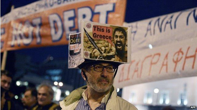 Greeks gather on 16 February 2015 in front of the parliament during a pro-government demonstration in Athens