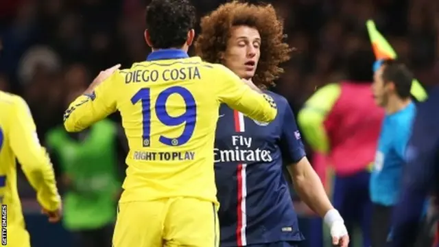 Diego Costa of Chelsea clashes with David Luiz