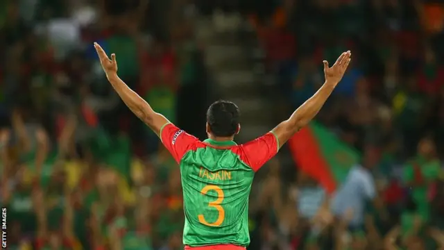 Taskin Ahmed celebrates