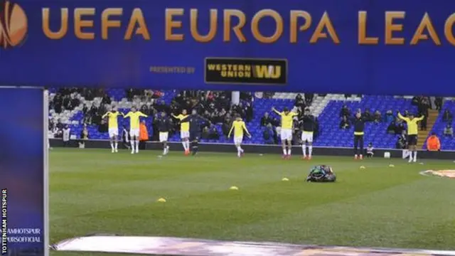 The Tottenham players are out warming up as the stands fill up inside White Hart Lane ahead of the Europa League game with Fiorentina.