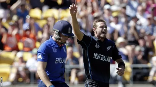 Jos Buttler looks dejected as Tim Southee celebrates