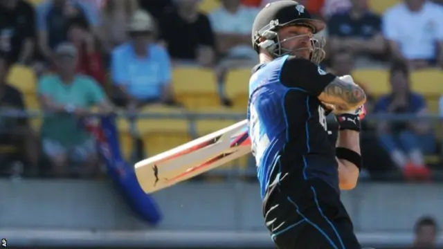 Brendon McCullum hits a six