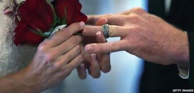 A couple exchanging rings at their wedding