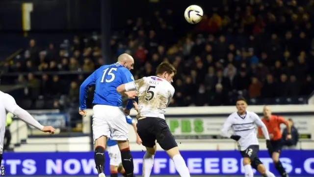 Kris Boyd sends a header towards the Rovers crossbar