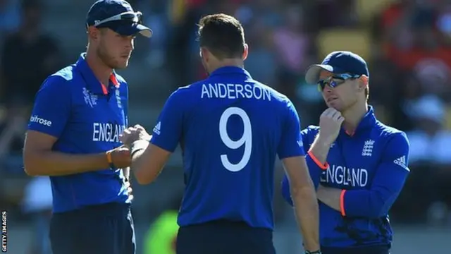 England's Stuart Broad, James Anderson and Eoin Morgan