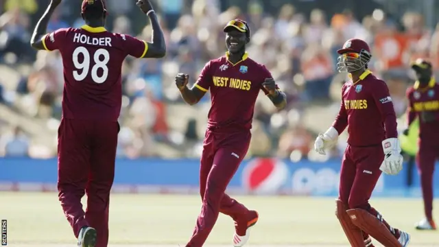 Jason Holder, Darren Sammy and Denesh Ramdin enjoy the win