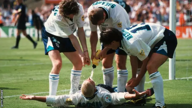 Paul Gascoigne celebrates his goal for England against Scotland in 1996