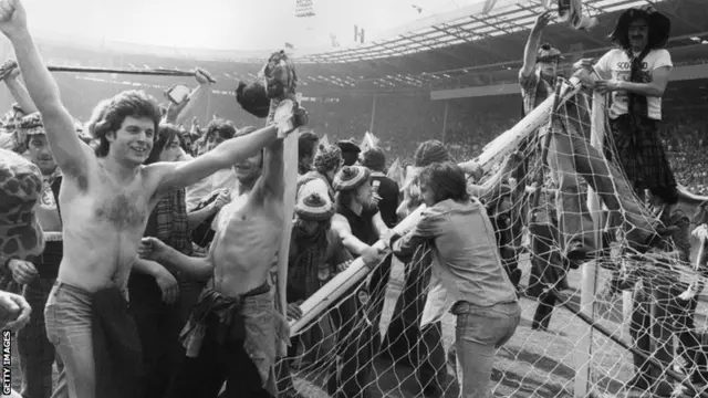 Scotland fans invade the Wembley pitch in 1977