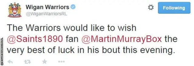 Wigan Warriors Twitter support for Martin Murray