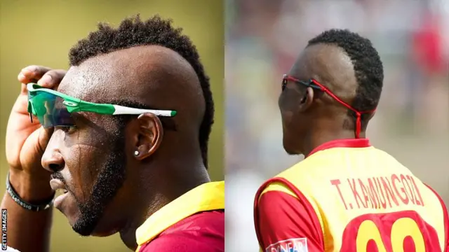 West Indies' Andre Russell and Zimbabwe's Tafadzwa Kamungozi