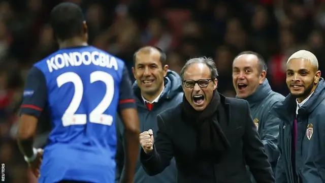 Monaco celebrate their opening goal against Arsenal