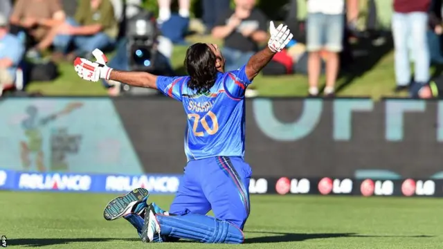 Shapoor Zadran celebrates after hitting the winning runs to defeat Scotland