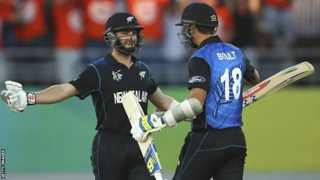 New Zealand's Kane Williamson and Trent Boult